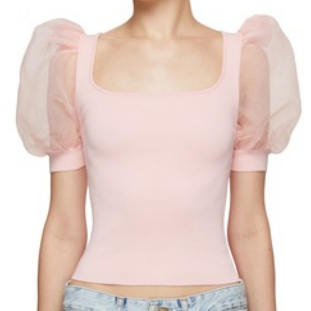 Bar III Pink Sheer Puff Sleeve Top